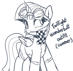 Size: 1212x1176 | Tagged: safe, artist:maren, imported from derpibooru, twilight sparkle, alicorn, pony, aviator goggles, checkered flag, clothes, cute, female, folded wings, goggles, horn, mare, monochrome, mouth hold, solo, twiabetes, twilight sparkle (alicorn), uniform, wings, wonderbolts uniform, wondersparkle