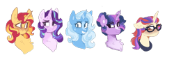 Size: 3652x1307 | Tagged: safe, artist:scarletskitty12, imported from derpibooru, moondancer, starlight glimmer, sunset shimmer, trixie, twilight sparkle, pony, unicorn, alternate hairstyle, blaze (coat marking), blushing, bust, chest fluff, coat markings, curved horn, digital art, facial markings, female, horn, looking at each other, looking at you, mare, simple background, smiling, star mark, transparent background, two toned horn