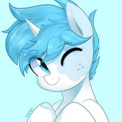 Size: 2600x2600 | Tagged: safe, artist:maren, imported from derpibooru, oc, oc only, pony, unicorn, fangs, freckles, high res, horn, light blue background, one eye closed, simple background, solo, unicorn oc, wink