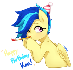 Size: 2437x2320 | Tagged: safe, artist:maren, imported from derpibooru, oc, oc only, oc:koa, pegasus, pony, hat, high res, party hat, party horn, pegasus oc, simple background, solo, white background, wings