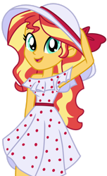 Size: 1024x1687 | Tagged: safe, artist:carnifex, artist:emeraldblast63, imported from derpibooru, sunset shimmer, equestria girls, clothes, dress, female, gloves, hat, looking at you, motorcross, show accurate, simple background, sleeveless, sleeveless dress, smiling, solo, transparent background