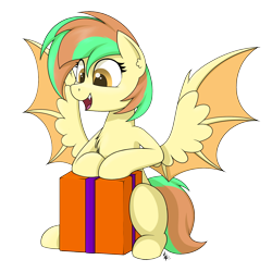 Size: 1800x1800 | Tagged: safe, artist:ponynamedmixtape, imported from derpibooru, oc, oc only, bat pony, hybrid, pegasus, pony, chest fluff, female, filly, present, simple background, sitting, solo, transparent background