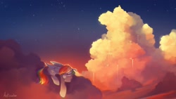 Size: 2560x1440 | Tagged: safe, artist:anticular, imported from derpibooru, rainbow dash, pegasus, pony, cloud, cloudscape, eyes closed, female, mare, on a cloud, scenery, scenery porn, sky, sleeping, sleeping on a cloud, solo, sunset