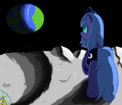 Size: 2329x2011 | Tagged: safe, artist:vinca, imported from derpibooru, princess luna, alicorn, pony, high res, moon, on the moon, planet, s1 luna, solo, wings