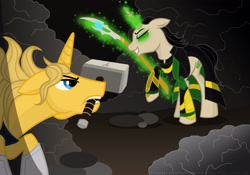 Size: 2927x2049 | Tagged: safe, artist:frisullka1, imported from derpibooru, pony, unicorn, avengers, evil grin, fight, floppy ears, glowing eyes, green eyes, grin, hammer, high res, loki, mind stone, ponified, scepter, smiling, thor