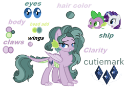 Size: 1280x911 | Tagged: safe, artist:skydreamplayzz, imported from derpibooru, rarity, spike, oc, oc only, oc:clarity, dracony, dragon, hybrid, pony, chest fluff, claws, dragon wings, female, interspecies offspring, lidded eyes, male, mare, offspring, parent:rarity, parent:spike, parents:sparity, reference sheet, shipping, simple background, smiling, smirk, solo, sparity, straight, transparent background, wings