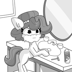 Size: 3000x3000 | Tagged: safe, artist:tjpones, imported from derpibooru, oc, oc only, oc:brownie bun, earth pony, pony, bathroom, bipedal, bipedal leaning, black and white, earth pony oc, female, grayscale, high res, leaning, mare, mirror, monochrome, razor, shaving, shaving cream, sink, solo
