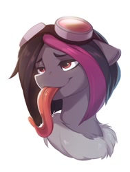 Size: 830x1100 | Tagged: safe, artist:vistamage, imported from derpibooru, oc, oc only, oc:mimicry, changeling, original species, bust, changeling oc, long tongue, purple changeling, shiftling, simple background, solo, tongue out, white background