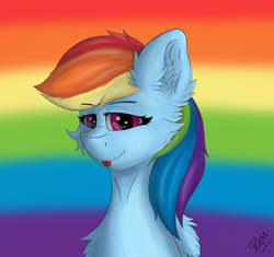 Size: 2838x2663 | Tagged: safe, artist:flapstune, imported from derpibooru, rainbow dash, pegasus, pony, blue background, bust, cheek fluff, chest fluff, ear fluff, female, fluffy, high res, looking at you, mare, rainbow background, signature, simple background, smiling, solo, tongue out, wings