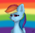 Size: 2838x2663 | Tagged: safe, artist:flapstune, imported from derpibooru, rainbow dash, pegasus, pony, blue background, bust, cheek fluff, chest fluff, ear fluff, female, fluffy, high res, looking at you, mare, rainbow background, signature, simple background, smiling, solo, tongue out, wings