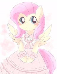 Size: 1584x2048 | Tagged: dead source, safe, artist:arrow__root, artist:ginmaruxx, imported from derpibooru, fluttershy, pegasus, pony, bipedal, blushing, clothes, cute, dress, female, looking at you, mare, shyabetes, smiling, solo, spread wings, wings