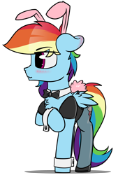 Size: 3240x4800 | Tagged: safe, artist:dacaoo, edit, imported from derpibooru, rainbow dash, pegasus, pony, blushing, bowtie, bunny ears, bunny suit, bunny tail, chest fluff, clothes, cuffs (clothes), cute, ear blush, eyebrows, eyebrows visible through hair, floppy ears, folded wings, leotard, looking away, nose wrinkle, one hoof raised, pantyhose, raised hoof, simple background, textless edit, transparent background, wavy mouth, wings