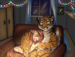 Size: 1920x1454 | Tagged: safe, artist:megabait, imported from derpibooru, oc, oc only, big cat, pony, tiger, couch, flat, hug, love, night, wings