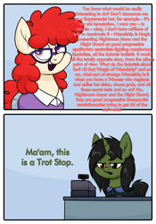 Size: 1397x1995 | Tagged: safe, artist:moonatik, imported from derpibooru, twist, oc, oc:grim fate, earth pony, pony, unicorn, cash register, cashier, clothes, fast food, female, food, glasses, horn, implied nightmare moon, mare, meme, older, older twist, pants, ponified meme, shirt, sir this is a wendy's, slavoj zizek, sweater, unicorn oc, uniform