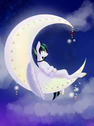 Size: 2864x3840 | Tagged: safe, artist:alrumoon.art, artist:alrumoon_art, imported from derpibooru, oc, oc only, pegasus, pony, crescent moon, female, high res, mare, moon, night, pegasus oc, solo, tangible heavenly object, transparent moon, wings