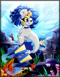 Size: 1280x1628 | Tagged: safe, artist:woonborg, imported from derpibooru, oc, oc only, oc:bluecode, seapony (g4), starfish, blue eyes, bubble, clothes, collar, coral, ear fluff, eyelashes, fin wings, fish tail, flowing tail, jewelry, necklace, ocean, one eye closed, pearl necklace, seaweed, see-through, solo, sunlight, tail, underwater, water, wings, wink