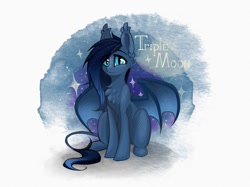 Size: 959x719 | Tagged: safe, artist:alrumoon.art, artist:alrumoon_art, imported from derpibooru, oc, oc only, oc:triple moon, bat pony, pony, abstract background, chest fluff, leonine tail, partially open wings, sitting, solo, tail, wings