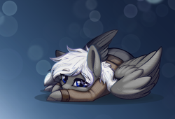 Size: 1964x1334 | Tagged: safe, artist:alrumoon.art, artist:alrumoon_art, imported from derpibooru, oc, oc only, oc:silver bullet, pegasus, pony, abstract background, clothes, eyebrows, eyebrows visible through hair, lying down, prone, solo