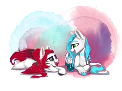 Size: 959x719 | Tagged: safe, artist:alrumoon.art, artist:alrumoon_art, imported from derpibooru, oc, oc only, oc:deathly forest, oc:snowflake, pegasus, pony, abstract background, duo, lying down, prone