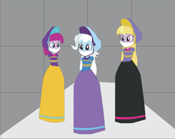 Size: 1003x797 | Tagged: safe, artist:caido58, imported from derpibooru, fuchsia blush, lavender lace, trixie, equestria girls, arm behind back, bondage, bound and gagged, cloth gag, gag, help us, long dress, tied up, trixie and the illusions