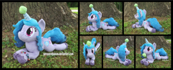 Size: 4335x1754 | Tagged: safe, artist:peruserofpieces, imported from derpibooru, izzy moonbow, pony, unicorn, ball, beanie, cute, female, g5, hat, high res, irl, izzy's tennis ball, izzybetes, looking at you, lying down, mare, mouth hold, photo, plushie, prone, smiling, smiling at you, solo, sploot, tennis ball, tree