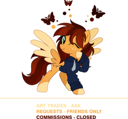 Size: 926x863 | Tagged: dead source, safe, artist:inaactive, artist:pumpkinpieforlife, imported from derpibooru, oc, oc only, oc:goldi, butterfly, pegasus, advertisement, art trade, clothes, coat markings, colored wings, commission, commission info, cute, drawstrings, freckles, hoodie, looking at you, movie accurate, multicolored wings, ocbetes, one eye closed, pegasus oc, profile, raised hoof, request, socks (coat markings), two toned mane, two toned wings, wings, wink, winking at you