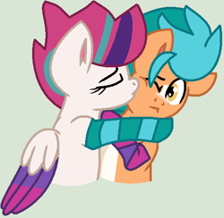 Size: 487x476 | Tagged: safe, artist:jadeharmony, artist:jadethepegasus, artist:madzbases, imported from derpibooru, hitch trailblazer, zipp storm, earth pony, pegasus, pony, cheek kiss, clothes, eyes closed, female, g5, gray background, hitchzipp, hug, kiss on the cheek, kissing, male, mare, markings, shipping, simple background, socks, stallion, straight, striped socks