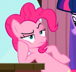 Size: 1073x1008 | Tagged: safe, edit, edited screencap, imported from derpibooru, screencap, pinkie pie, twilight sparkle, alicorn, earth pony, pony, a trivial pursuit, confession, eyebrows, eyelashes, hoof on hip, not amused face, offscreen character, pinkie pie is not amused, twilight sparkle (alicorn), unamused