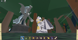Size: 1366x705 | Tagged: safe, imported from ponybooru, nightmare moon, zecora, earth pony, pony, butt, everfree forest, forest, game, game at source, items, photo, roblox, roblox creator:roleplay is magic fanclub, roblox logo, screenshots, solo, statue