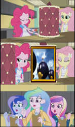 Size: 605x1024 | Tagged: safe, deleted from derpibooru, edit, edited screencap, imported from ponybooru, imported from twibooru, screencap, fluttershy, pinkie pie, princess cadance, princess celestia, princess luna, equestria girls, banned from derpibooru, bob-omb battlefield, cake, comic, dean cadance, exploitable meme, food, inside the cake meme, meme, obligatory pony, principal celestia, screencap comic, super mario 64, super mario bros., vice principal luna