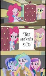 Size: 640x1069 | Tagged: safe, deleted from derpibooru, edit, edited screencap, imported from ponybooru, imported from twibooru, screencap, fluttershy, pinkie pie, princess cadance, princess celestia, princess luna, equestria girls, friendship games, banned from derpibooru, comic, dean cadance, exploitable meme, inside the cake meme, meme, portal (valve), principal celestia, screencap comic, the cake is a lie, vice principal luna