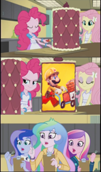 Size: 605x1024 | Tagged: safe, deleted from derpibooru, edit, edited screencap, imported from ponybooru, imported from twibooru, screencap, fluttershy, pinkie pie, princess cadance, princess celestia, princess luna, equestria girls, friendship games, banned from derpibooru, comic, exploitable meme, inside the cake meme, mario, meme, nintendo, screencap comic, super mario bros., super mario maker