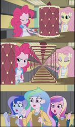 Size: 605x1024 | Tagged: safe, deleted from derpibooru, edit, edited screencap, imported from ponybooru, imported from twibooru, screencap, fluttershy, pinkie pie, princess cadance, princess celestia, princess luna, equestria girls, friendship games, banned from derpibooru, cake, comic, dean cadance, droste effect, exploitable meme, food, fork, go for it, inception, inside the cake meme, meme, mona lisa, principal celestia, recursion, screencap comic, vice principal luna, we need to go deeper