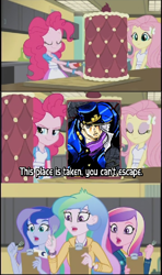 Size: 454x768 | Tagged: safe, deleted from derpibooru, edit, edited screencap, imported from ponybooru, imported from twibooru, screencap, pinkie pie, princess cadance, princess celestia, princess luna, equestria girls, friendship games, banned from derpibooru, cake, comic, dean cadance, exploitable meme, food, inside the cake meme, jojo's bizarre adventure, jotaro kujo, meme, principal celestia, screencap comic, vice principal luna