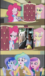 Size: 651x1099 | Tagged: safe, deleted from derpibooru, edit, edited screencap, imported from ponybooru, imported from twibooru, screencap, fluttershy, pinkie pie, princess cadance, princess celestia, princess luna, donkey, human, equestria girls, friendship games, banned from derpibooru, cake, comic, dean cadance, exploitable meme, food, inside the cake meme, meme, principal celestia, screencap comic, vice principal luna