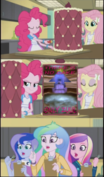 Size: 605x1024 | Tagged: safe, deleted from derpibooru, edit, edited screencap, imported from ponybooru, imported from twibooru, screencap, fluttershy, pinkie pie, princess cadance, princess celestia, princess luna, equestria girls, friendship games, banned from derpibooru, cake, comic, dean cadance, exploitable meme, food, fork, ghostbusters, inside the cake meme, meme, obligatory pony, principal celestia, screencap comic, shocked, vice principal luna, zuul