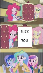 Size: 605x1024 | Tagged: safe, deleted from derpibooru, edit, edited screencap, imported from ponybooru, imported from twibooru, screencap, fluttershy, pinkie pie, princess cadance, princess celestia, princess luna, equestria girls, friendship games, banned from derpibooru, cake, comic, dean cadance, exploitable meme, food, inside the cake meme, meme, principal celestia, screencap comic, vice principal luna, vulgar