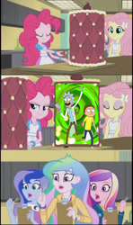 Size: 605x1024 | Tagged: safe, deleted from derpibooru, edit, edited screencap, imported from ponybooru, imported from twibooru, screencap, fluttershy, pinkie pie, princess cadance, princess celestia, princess luna, equestria girls, friendship games, banned from derpibooru, comic, crossover, dean cadance, exploitable meme, inside the cake meme, meme, morty smith, principal celestia, rick and morty, rick sanchez, screencap comic, vice principal luna