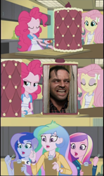 Size: 605x1024 | Tagged: safe, deleted from derpibooru, edit, edited screencap, imported from ponybooru, imported from twibooru, screencap, pinkie pie, princess cadance, princess celestia, princess luna, equestria girls, friendship games, banned from derpibooru, cake, comic, dean cadance, exploitable meme, food, here is johnny!, inside the cake meme, jack nicholson, jack torrance, meme, principal celestia, screencap comic, template, the shining, vice principal luna