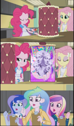 Size: 605x1024 | Tagged: safe, deleted from derpibooru, edit, edited screencap, imported from ponybooru, imported from twibooru, screencap, fluttershy, pinkie pie, princess cadance, princess celestia, princess luna, equestria girls, friendship games, banned from derpibooru, cake, comic, dean cadance, exploitable meme, food, inside the cake meme, meme, principal celestia, screencap comic, vaporwave, vice principal luna