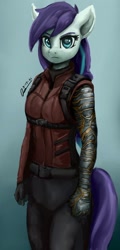 Size: 540x1125 | Tagged: safe, artist:raphaeldavid, imported from derpibooru, coloratura, anthro, earth pony, amputee, bucky barnes, clothes, female, jacket, mare, prosthetic arm, prosthetic limb, prosthetics, rara, robotic arm, solo, winter soldier