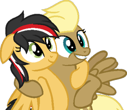 Size: 401x347 | Tagged: safe, artist:pegasski, imported from derpibooru, oc, oc only, pegasus, pony, hurricane fluttershy, base used, duo, eyelashes, female, grin, mare, pegasus oc, side hug, simple background, smiling, transparent background, wings