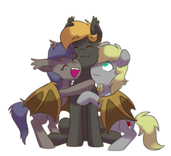 Size: 937x853 | Tagged: safe, artist:chub-wub, imported from derpibooru, oc, oc:night skies, oc:penny valencia, oc:solar flux, bat pony, pegasus, pony, female, hug, male, mare, memorial, smiling, stallion, winghug, wings