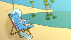 Size: 3840x2160 | Tagged: safe, artist:xppp1n, imported from ponybooru, trixie, pony, unicorn, :3, beach, beach chair, belly button, eyes closed, female, holding, mare, palm tree, solo, sunbathing, tree, water