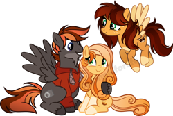 Size: 1920x1283 | Tagged: safe, artist:inaactive, artist:pumpkinpieforlife, imported from derpibooru, oc, oc only, oc:goldi, oc:goldi's dad, oc:goldi's mom, pegasus, beard, coat markings, facial hair, family, father and child, father and daughter, female, flying, gradient mane, happy, happy family, hoof around neck, looking at each other, looking down, male, mare, mother and child, mother and daughter, pegasus oc, sitting, smiling, socks (coat markings), stallion, two toned mane, two toned wings, vector, watermark, wings