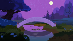 Size: 900x507 | Tagged: safe, artist:ironfruit, imported from derpibooru, luna eclipsed, season 2, background, bridge, full moon, moon, mountain, night, no pony, scenery, vector, water