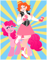 Size: 846x1091 | Tagged: safe, artist:fossilfiend, imported from derpibooru, pinkie pie, earth pony, human, clothes, corset, crossover, eyes closed, happy, nora valkyrie, pink, red hair, rwby, short hair, skirt, smiling