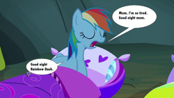 Size: 1024x576 | Tagged: safe, artist:voreediter, edit, edited screencap, imported from derpibooru, screencap, rainbow dash, pegasus, 1000 hours in ms paint, bed, daughter, dialogue, eaten alive, endosoma, female, implied windy whistles, mother, mother and child, mother and daughter, non-fatal vore, preddash, preydash, sleeping, stomach noise, vore