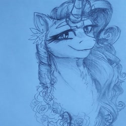 Size: 918x918 | Tagged: safe, artist:xneodrago, imported from derpibooru, rarity, pony, unicorn, bedroom eyes, bust, chest fluff, ear fluff, female, mare, smiling, solo, traditional art