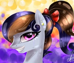 Size: 738x625 | Tagged: safe, artist:art_by_toffeety, imported from derpibooru, oc, oc only, earth pony, pony, abstract background, bust, ear piercing, earth pony oc, grin, piercing, signature, smiling